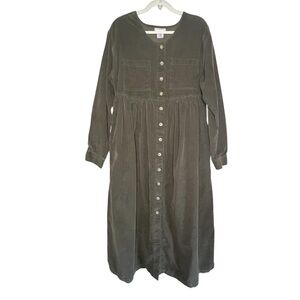 Vintage 90s S. Roberts Brown Corduroy Button Down Long Sleeve Maxi Dress SZ L
